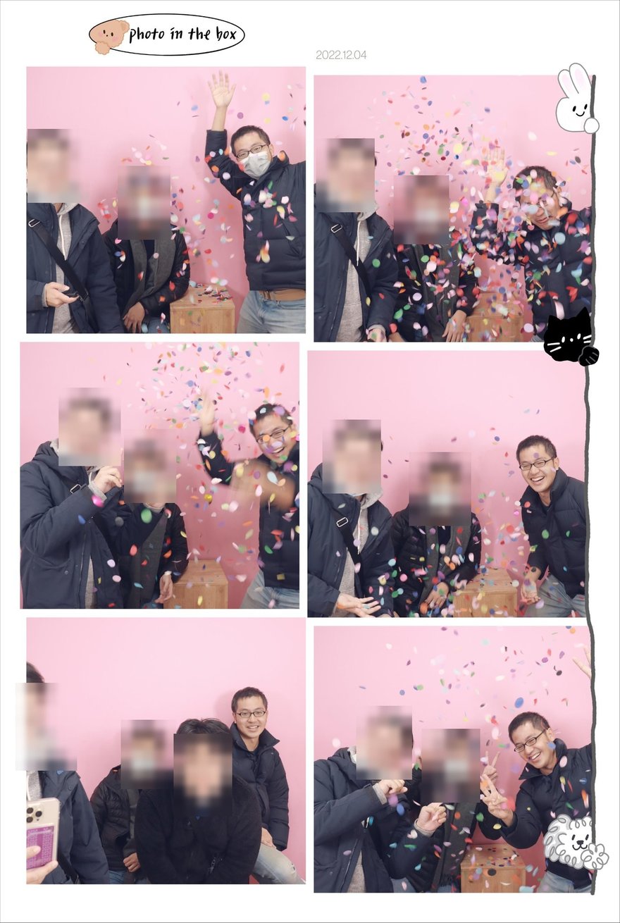 Photo in the Box 當天拍攝的成品照，粉色背景搭配彩帶特效的六格版面，底部印 Photo in the box，老喬以外的臉部已遮蔽