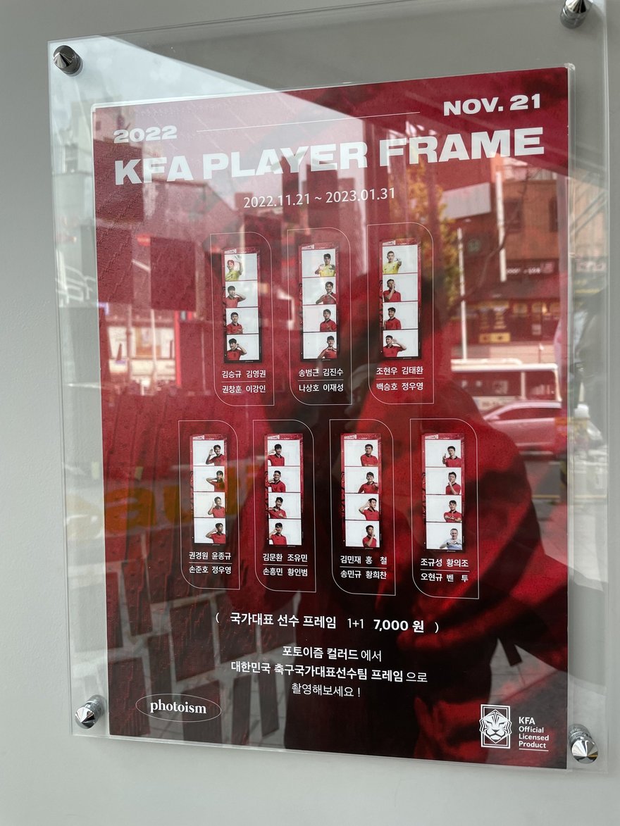 PHOTOISM COLORED 店內壓克力框裡的 2022 KFA PLAYER FRAME 海報，紅色主視覺，列出韓國足球國家代表隊選手的四格相框樣式與活動期間，右下角有 KFA 官方授權標誌。