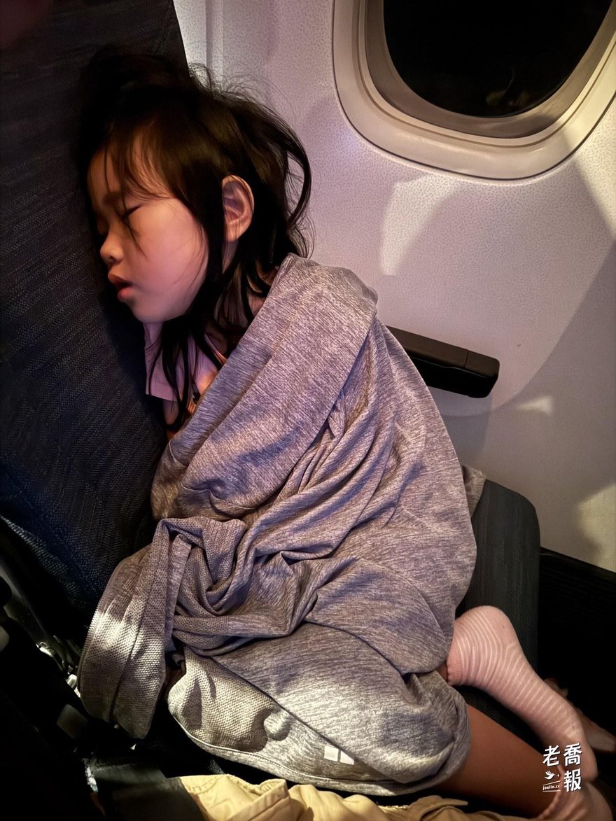 哈哈裹著毯子在飛機座位上睡著