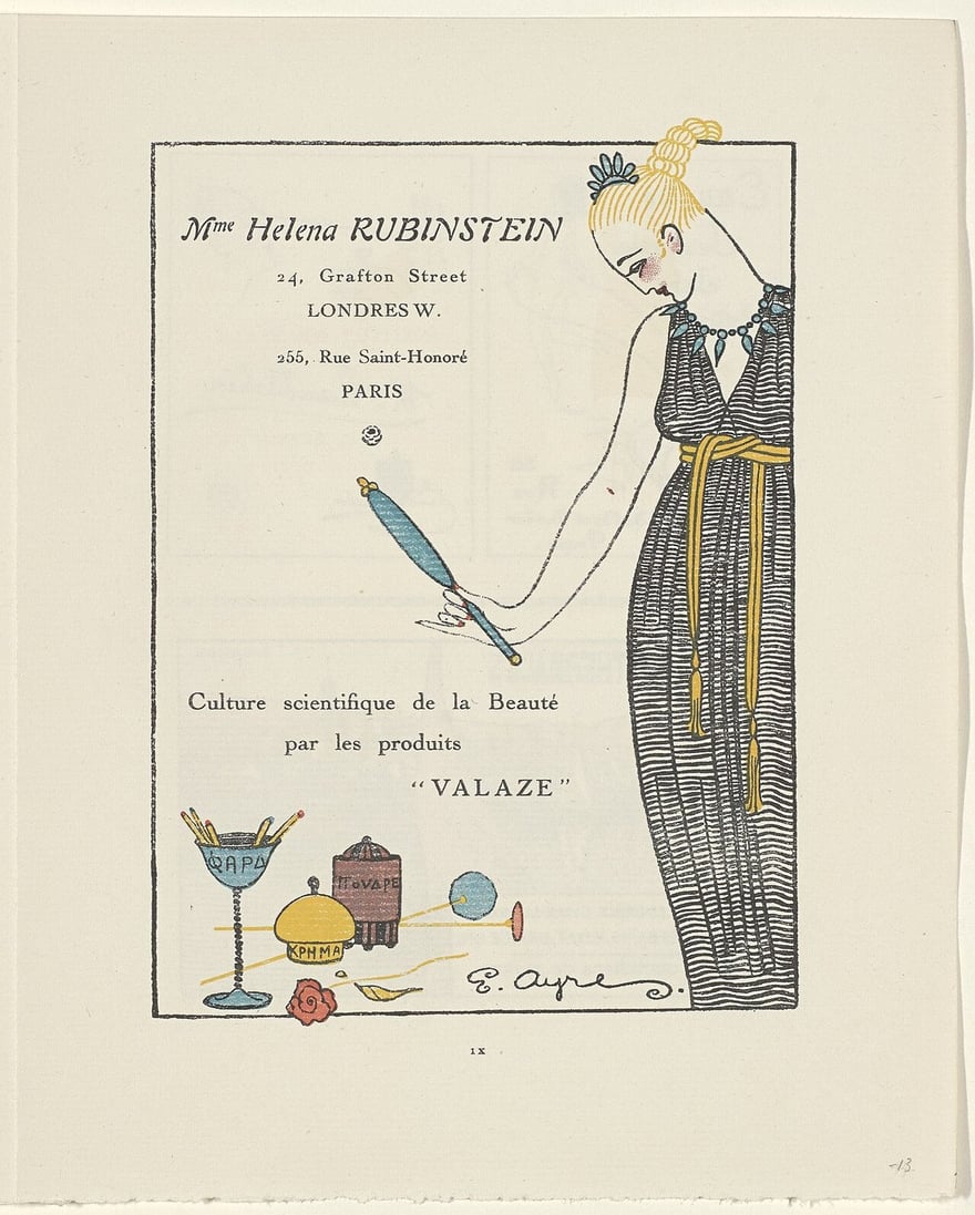 1914 年 Helena Rubinstein 刊登在法國時尚刊物《Gazette du Bon Ton》的廣告，主視覺為時裝插畫，文案標語為「美的科學培養」，並列出倫敦與巴黎兩處地址。