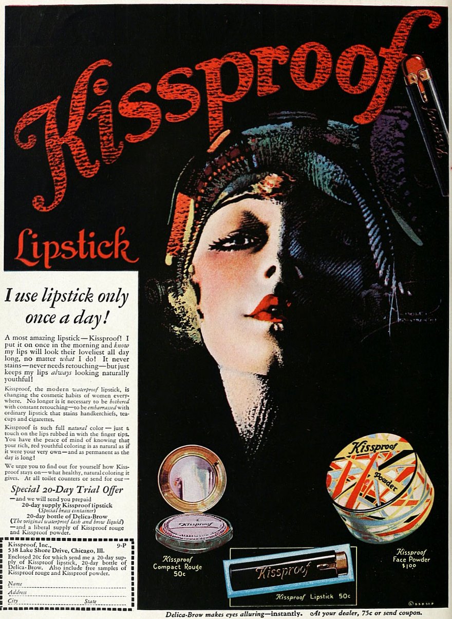 1929 年 Kissproof 口紅刊登於 Photoplay 雜誌的廣告，大標為品牌名 Kissproof，副標寫著「我一天只塗一次口紅」，下方附三十天試用方案與回函。