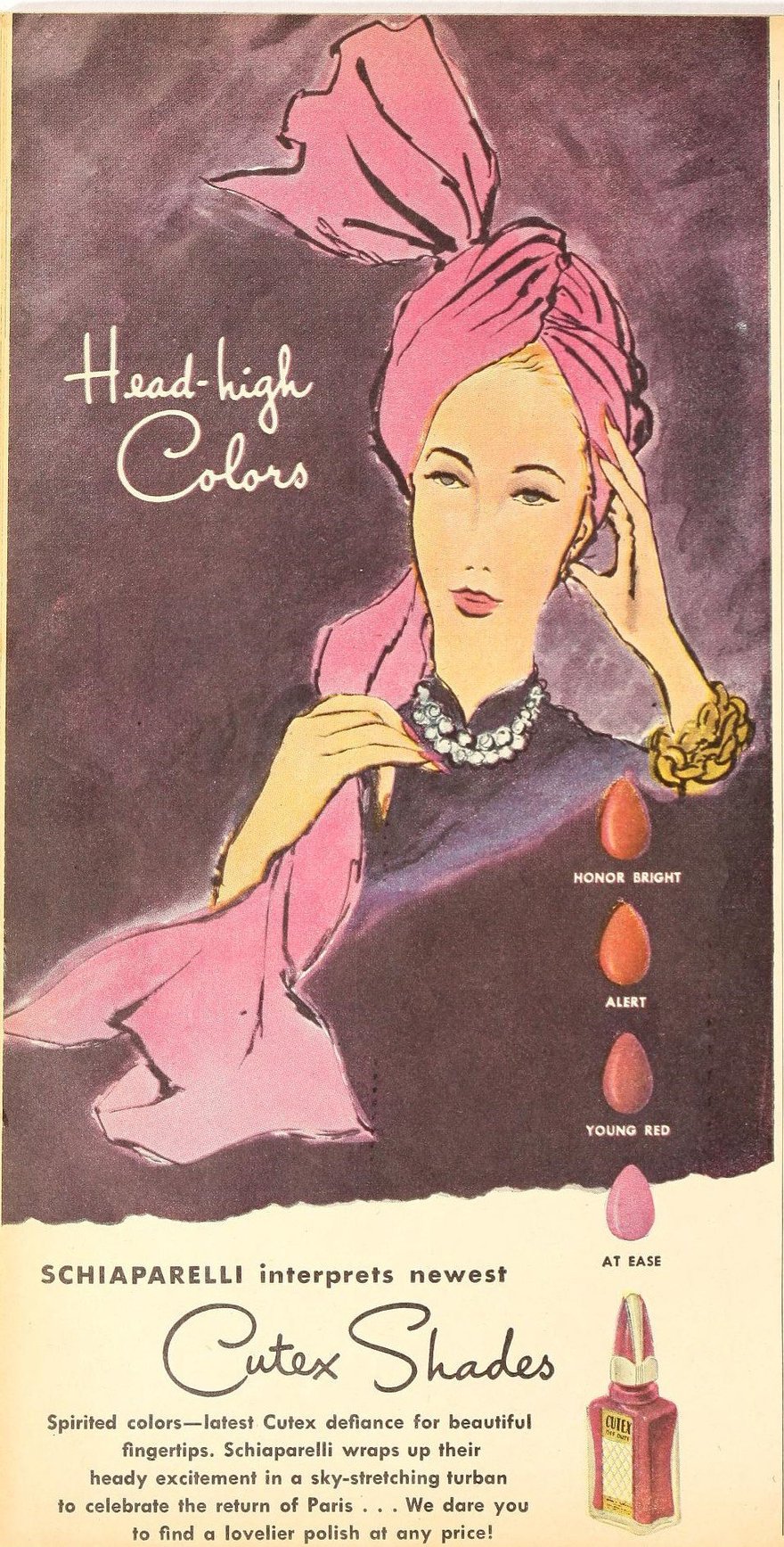 1945 年的廣告，由設計師 Elsa Schiaparelli 為 Cutex 詮釋當季新色，右側列出色票與色名，標語為「Head-high Colors」。