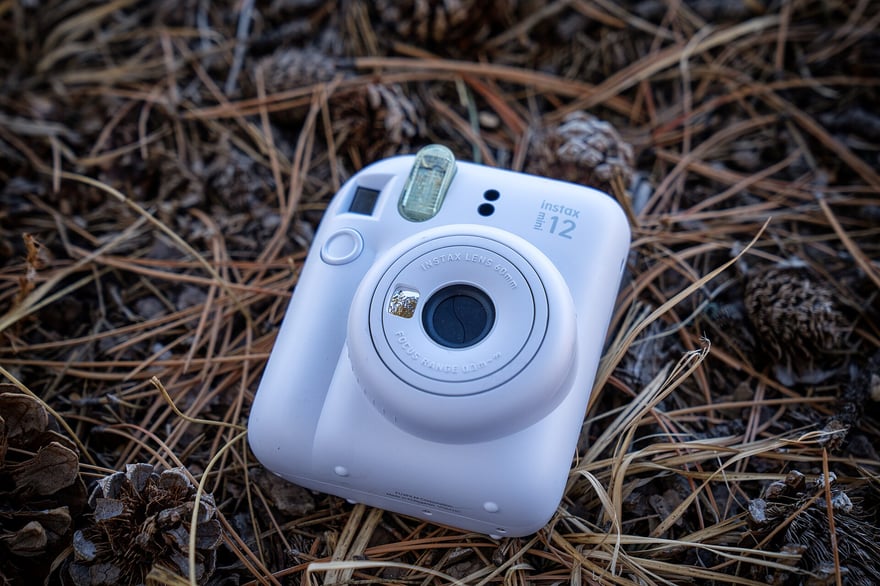 Fujifilm instax mini 12 इंस्टेंट कैमरा, हल्की बैंगनी बॉडी, लेंस के चारों ओर बड़ी घूमने वाली रिंग, ऊपर फ़्लैश और व्यूफ़ाइंडर; चीड़ की पत्तियों और शंकुओं पर रखा है; 2023 में ली गई फ़ोटो।