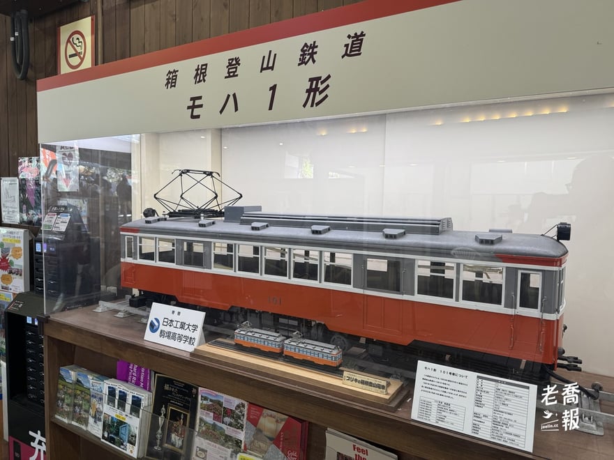 強羅站內展示的モハ1形模型：箱根登山電車 1950 年代的經典紅灰塗裝