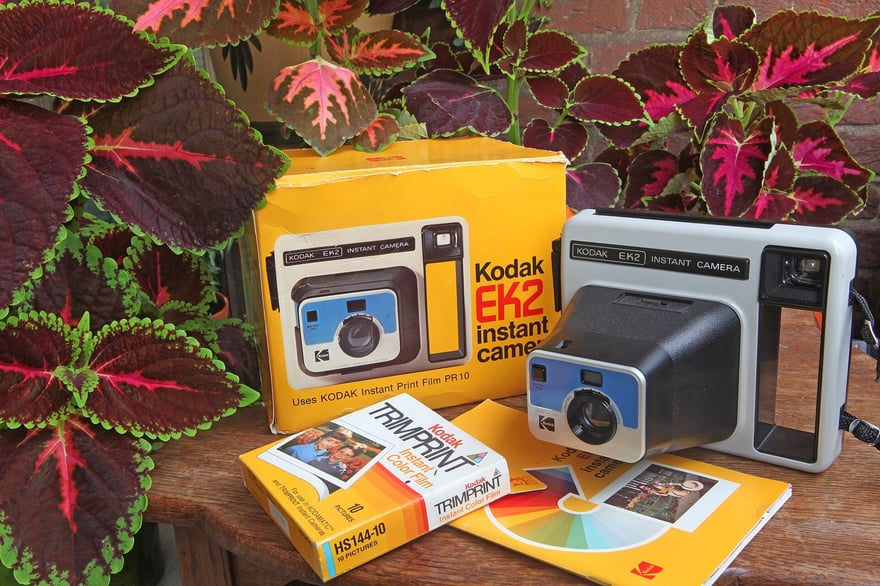 एक Kodak EK2 इंस्टेंट कैमरा अपने रंगीन मूल डिब्बे के साथ रखा है, सामने Kodak Trimprint इंस्टेंट फ़िल्म का डिब्बा और कुछ डेवलप हो चुकी फ़ोटो हैं, पीछे लाल-बैंगनी कोलियस के पत्ते हैं।