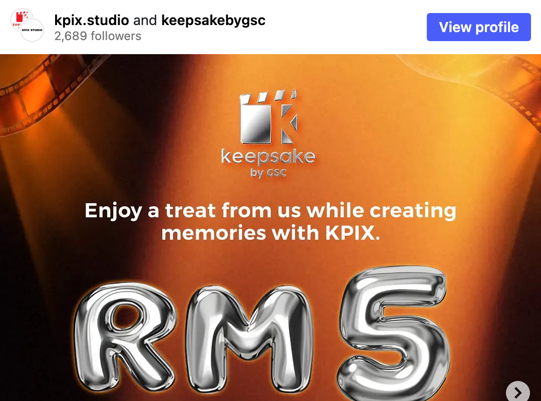 KPIX 官方 IG 與 Keepsake by GSC 共同發布的貼文截圖：上方帳號列顯示 kpix.studio and keepsakebygsc，畫面是 Keepsake by GSC 標誌、「Enjoy a treat from us while creating memories with KPIX.」字樣，以及 RM5 折價字樣