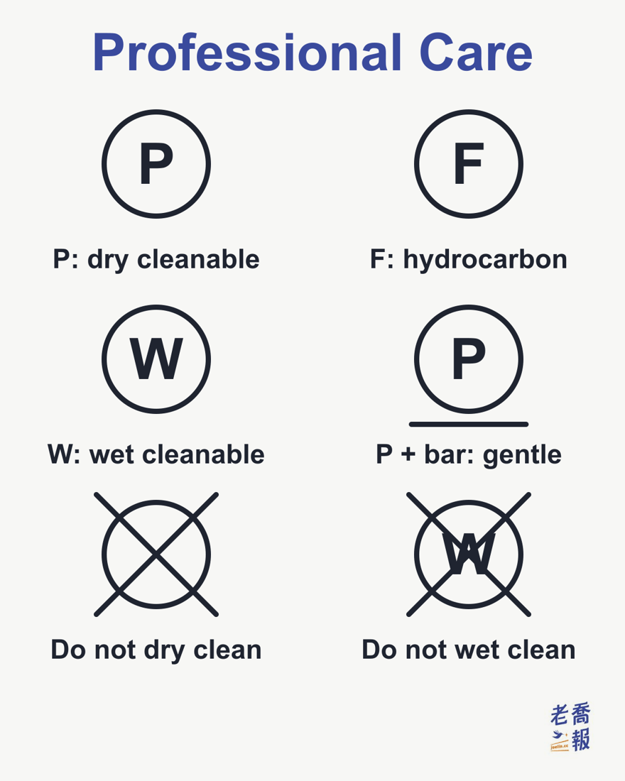 Professional-cleaning symbols: P in a circle means professional dry cleaning allowed, F means dry cleaning with hydrocarbon solvents only, W means professional wet cleaning allowed, P with one bar underneath means gentle dry cleaning, a plain circle with a cross means do not dry clean, and a crossed-out W means do not wet clean.