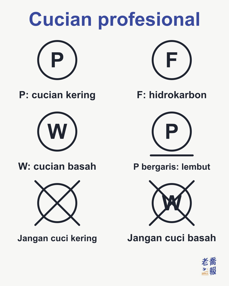 Simbol cucian profesional: P dalam bulatan bermaksud boleh dicuci kering secara profesional, F bermaksud cucian kering dengan pelarut hidrokarbon sahaja, W bermaksud boleh dicuci basah secara profesional, P dengan satu garis di bawah bermaksud cucian kering lembut, bulatan kosong dipangkah bermaksud tidak boleh dicuci kering, dan W dipangkah bermaksud tidak boleh dicuci basah.