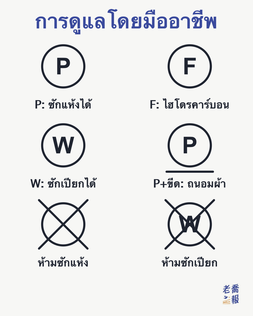 สัญลักษณ์การดูแลโดยมืออาชีพ: P ในวงกลมคือซักแห้งโดยมืออาชีพได้ F คือซักแห้งด้วยตัวทำละลายไฮโดรคาร์บอนเท่านั้น W คือซักเปียกโดยมืออาชีพได้ P ที่มีขีดใต้ 1 เส้นคือซักแห้งแบบถนอมผ้า วงกลมโล่งมีกากบาทคือห้ามซักแห้ง และ W มีกากบาทคือห้ามซักเปียก