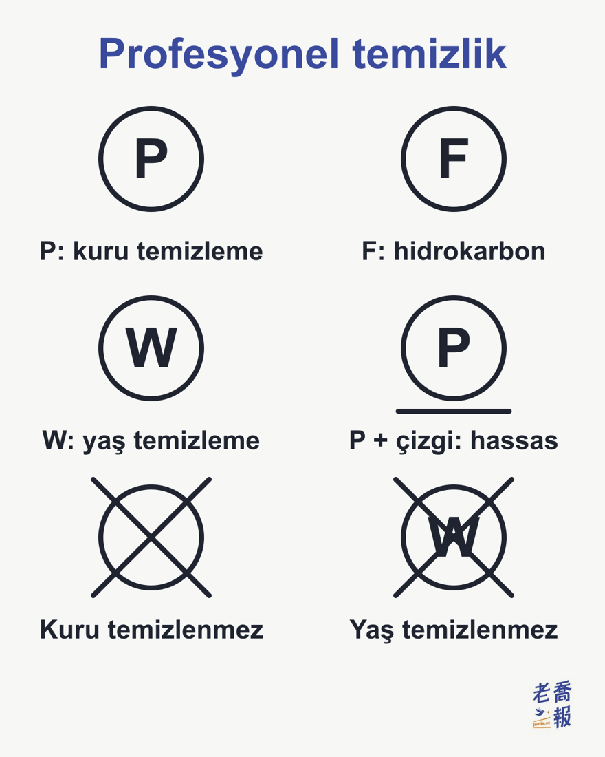Profesyonel temizlik sembolleri: dairenin içinde P profesyonel kuru temizleme yapılabileceğini, F yalnızca hidrokarbon solventle kuru temizlemeyi, W profesyonel yaş temizleme yapılabileceğini gösterir; altında bir çizgi olan P hassas kuru temizlemedir, üzeri çarpılı boş daire kuru temizleme yapılmaz, üzeri çarpılı W yaş temizleme yapılmaz demektir.