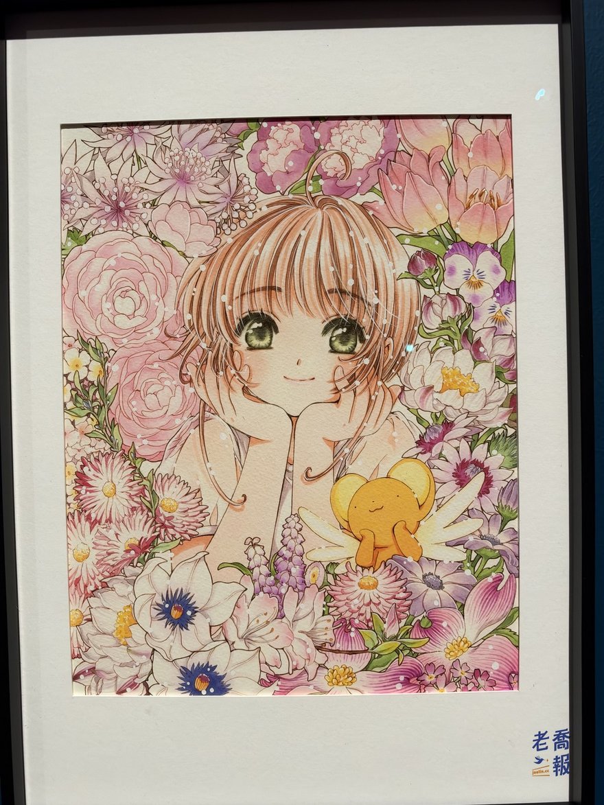 CLAMP 為《庫洛魔法使 透明牌篇》畫的彩色原稿：小櫻雙手托腮躺在粉紫色花海裡，小可趴在旁邊