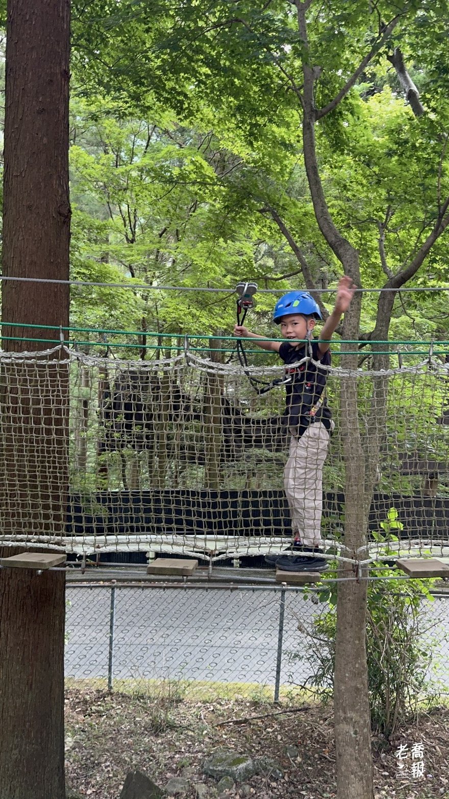 哈哈走上 Forest Adventure 吊橋並向鏡頭揮手