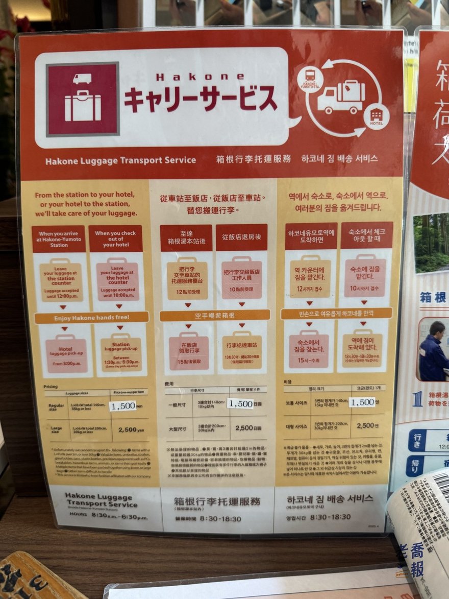 箱根行李托運服務看板，說明車站與住宿之間的受理時間及行李尺寸價格