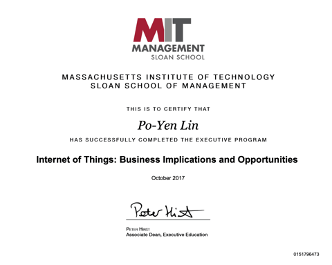 MIT Sloan 主管教育 Internet of Things 結業證書（2017 年 10 月）