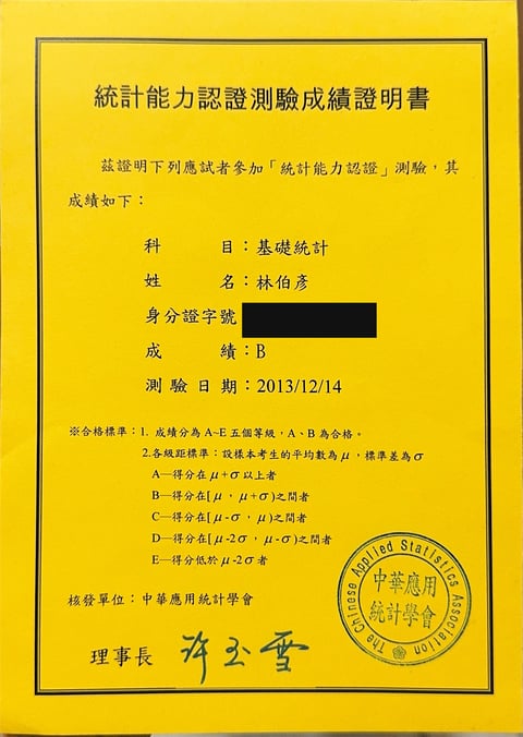 中華應用統計學會 統計能力認證測驗成績證明書：基礎統計（2013 年 12 月）