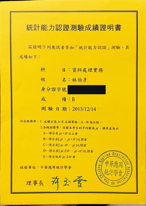 中華應用統計學會 統計能力認證測驗成績證明書：資料處理實務（2013 年 12 月）