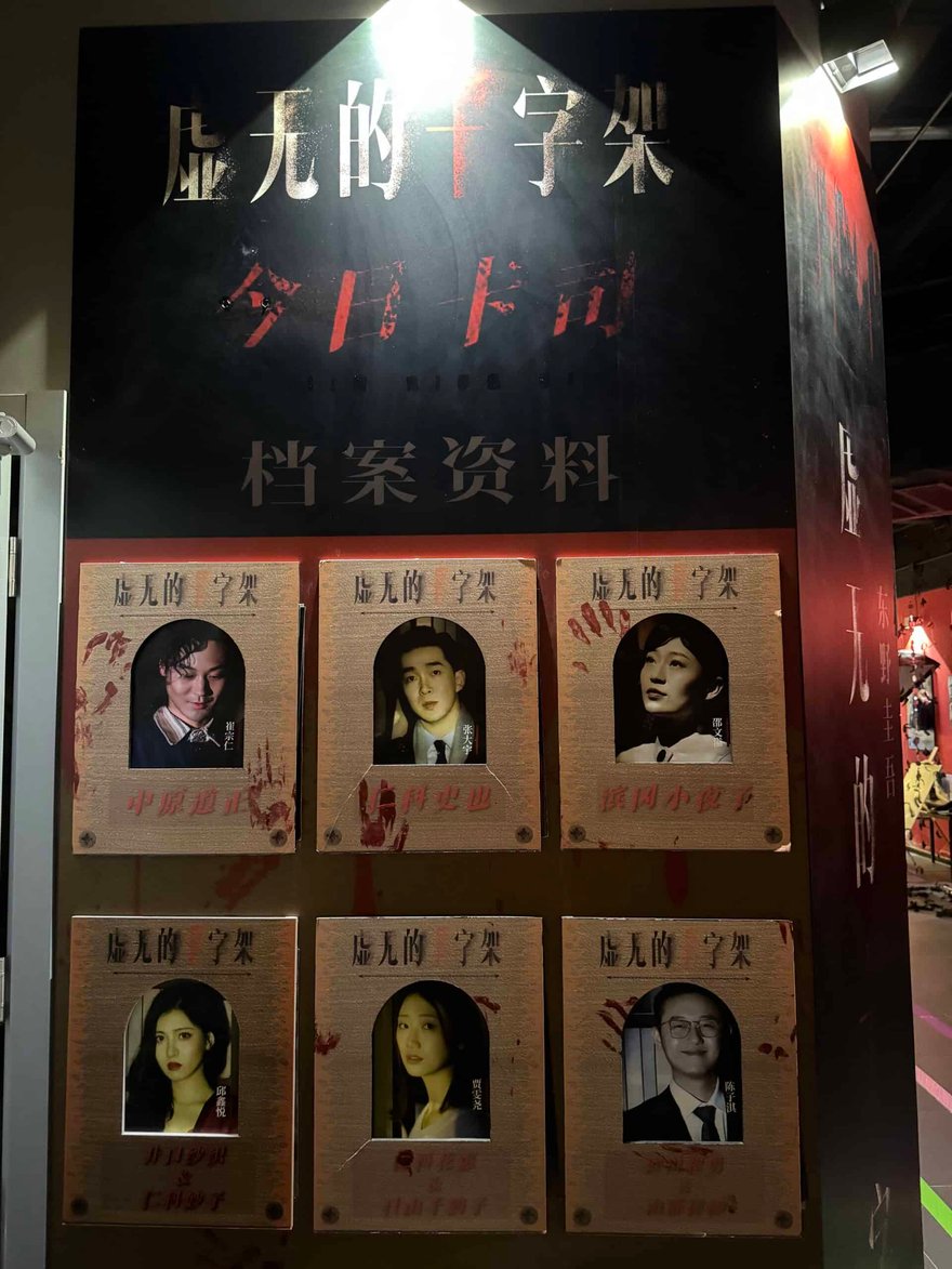 劇場外牆的檔案資料展示牆，上方寫虛無的十字架今日卡司，下方六張復古紙卡各貼有一位演員的肖像與角色名
