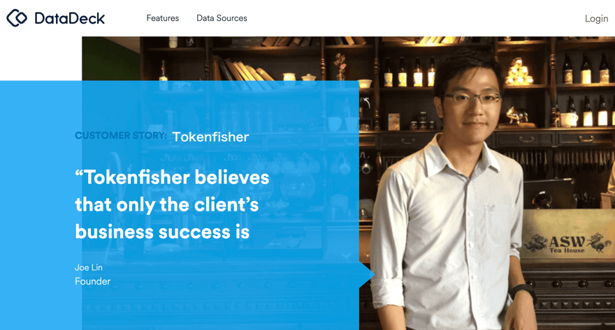 DataDeck 官網的客戶案例頁截圖，標題為 Tokenfisher，引言寫「Tokenfisher believes that only the client’s business success is」，右側是一位戴眼鏡穿白襯衫的創辦人 Joe Lin