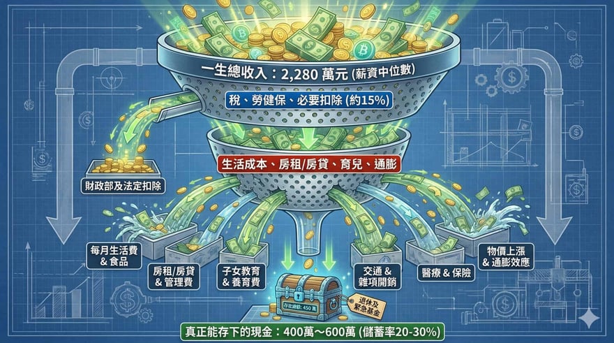 漏斗示意圖，一生總收入 2,280 萬元經稅與必要扣除約 15%，再扣生活成本、房租房貸、育兒與通膨，最後只剩 400 萬至 600 萬的存款。