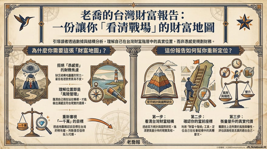 文章首圖：〈老喬的台灣財富報告：一份讓你「看清戰場」的財富地圖〉資訊圖，左半說明為什麼需要這張地圖——拒絕憑感覺的財務焦慮、理解位置即是風險管理、重新審視「一千萬」的目標；右半列出三個步驟——看清台灣財富結構、確認你的當前座標、衡量晉升的真實代價