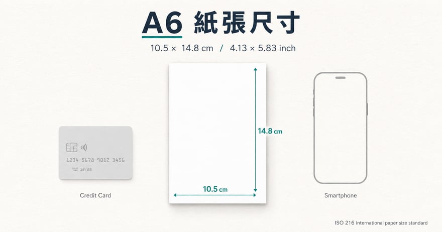 A6の紙のサイズを示す図：A6は10.5 × 14.8 cm（4.13 × 5.83インチ）。左にクレジットカード、右にスマートフォンの輪郭を置いて大きさを比べている。A6はISO 216の国際規格。