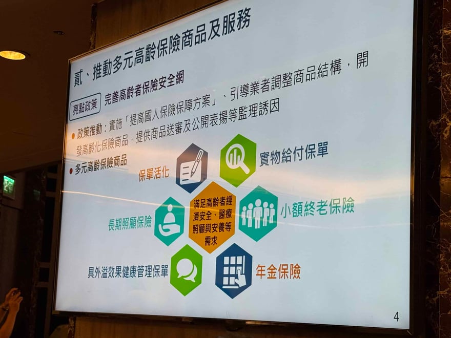 投影片「推動多元高齡保險商品及服務」，以六邊形列出保單活化、實物給付保單、長期照顧保險、小額終老保險、具外溢效果健康管理保單與年金保險