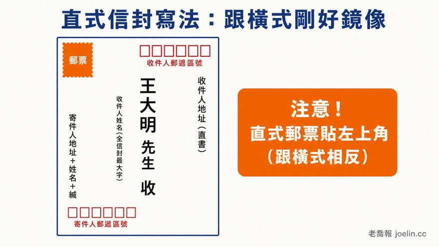 直式信封寫法-郵票左上與郵遞區號框位置
