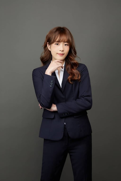形象照穿搭示範：女生穿深藍色西裝、一手托下巴、一手環胸，深灰背景