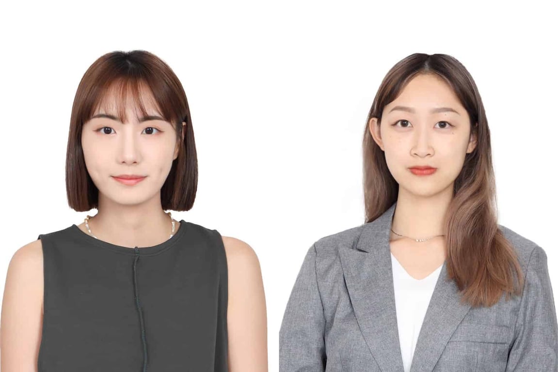 白底半身照示範：兩位女生，一位穿灰色無袖上衣、一位穿灰色西裝外套