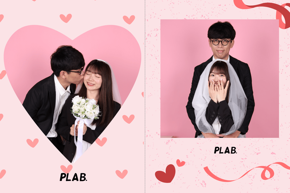 PLab. 情人節相框成品：愛心框裡男生親吻女生臉頰、女生捧白色花束戴頭紗，旁邊另一格是兩人的合照