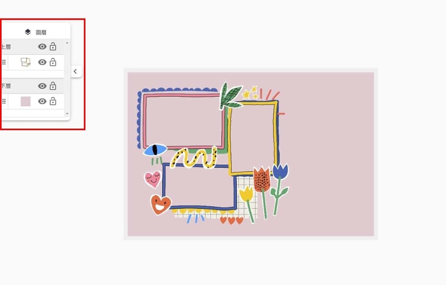 Creatify 圖框版型的圖層設定截圖：左側圖層面板分上層與下層，右側是藕粉色底配上彩色花草造型框的設計
