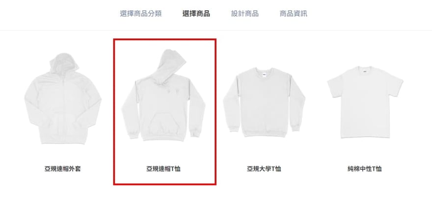 Creatify 各式衣著分類頁截圖，亞規連帽T恤是其中一個選項
