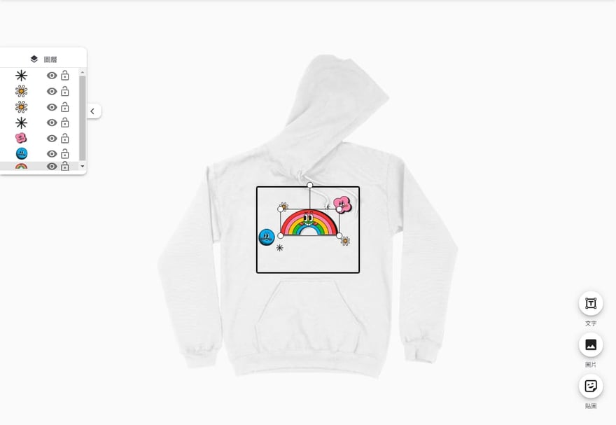 Creatify 帽T 編輯畫面截圖，圖片放在衣服上的黑色印刷框內